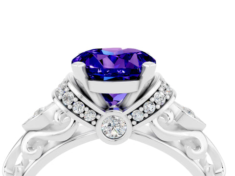 White gold Round Cut Tanzanite Solitaire Ring with Filigree Band and Four-Prong Setting_28