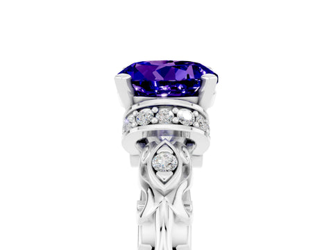 White gold Round Cut Tanzanite Solitaire Ring with Filigree Band and Four-Prong Setting_29