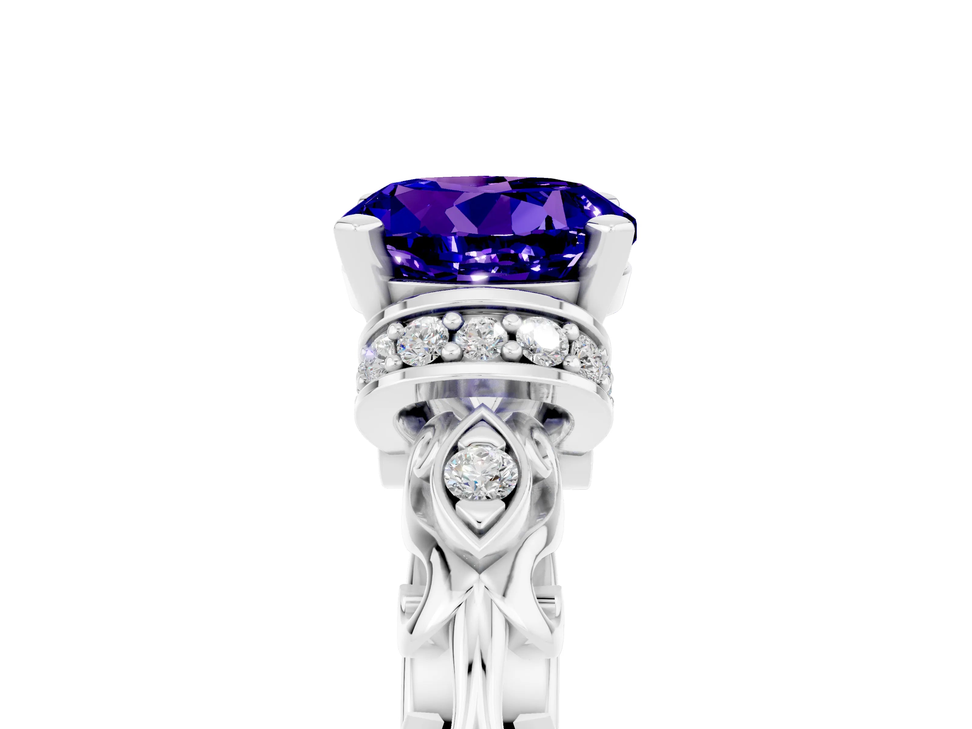 White gold Round Cut Tanzanite Solitaire Ring with Filigree Band and Four-Prong Setting_29
