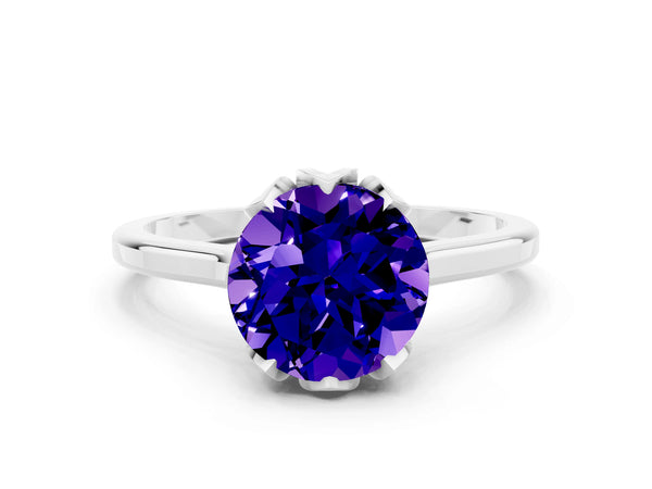 Platinum Round Cut Tanzanite Solitaire Ring with Flower Prong Setting and Classic Band