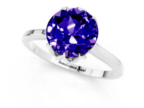 White gold Round Cut Tanzanite Solitaire Ring with Flower Prong Setting and Classic Band_13