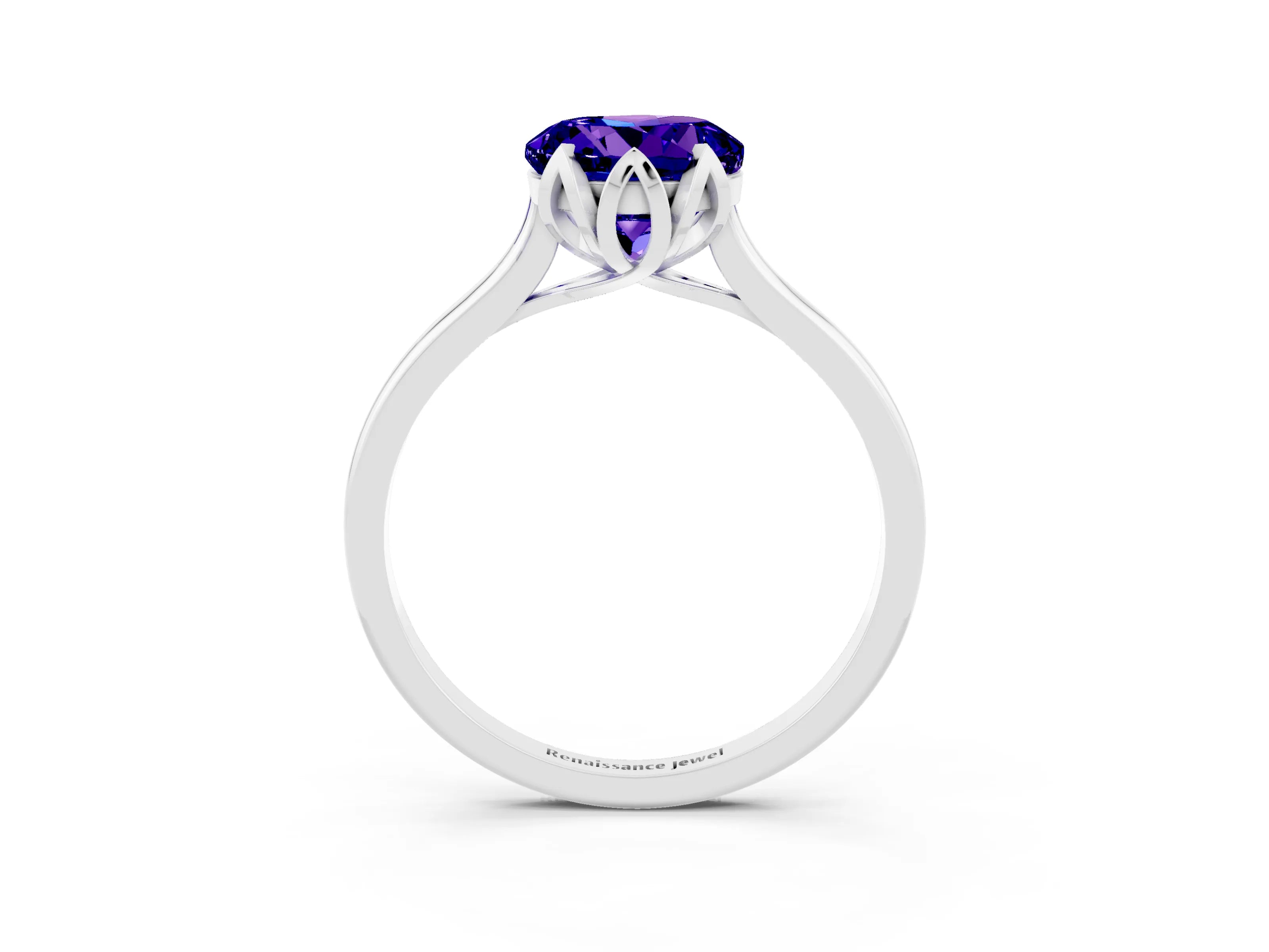 White gold Round Cut Tanzanite Solitaire Ring with Flower Prong Setting and Classic Band_15