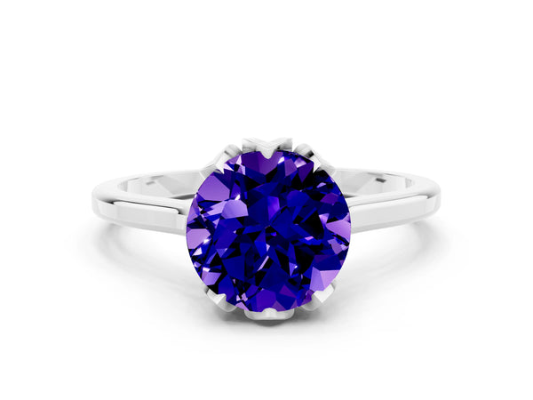 White gold Round Cut Tanzanite Solitaire Ring with Flower Prong Setting and Classic Band
