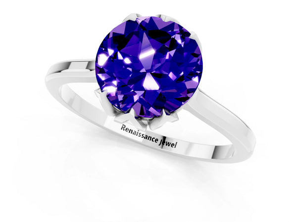White gold Round Cut Tanzanite Solitaire Ring with Flower Prong Setting and Classic Band