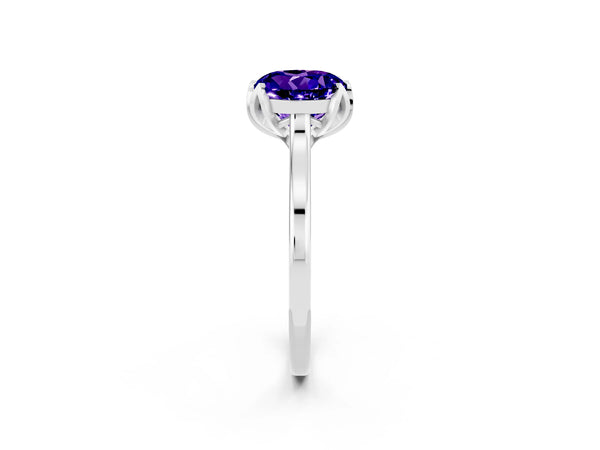 White gold Round Cut Tanzanite Solitaire Ring with Flower Prong Setting and Classic Band