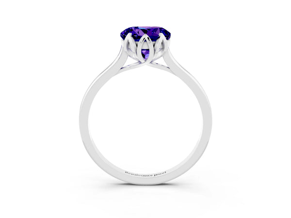 White gold Round Cut Tanzanite Solitaire Ring with Flower Prong Setting and Classic Band