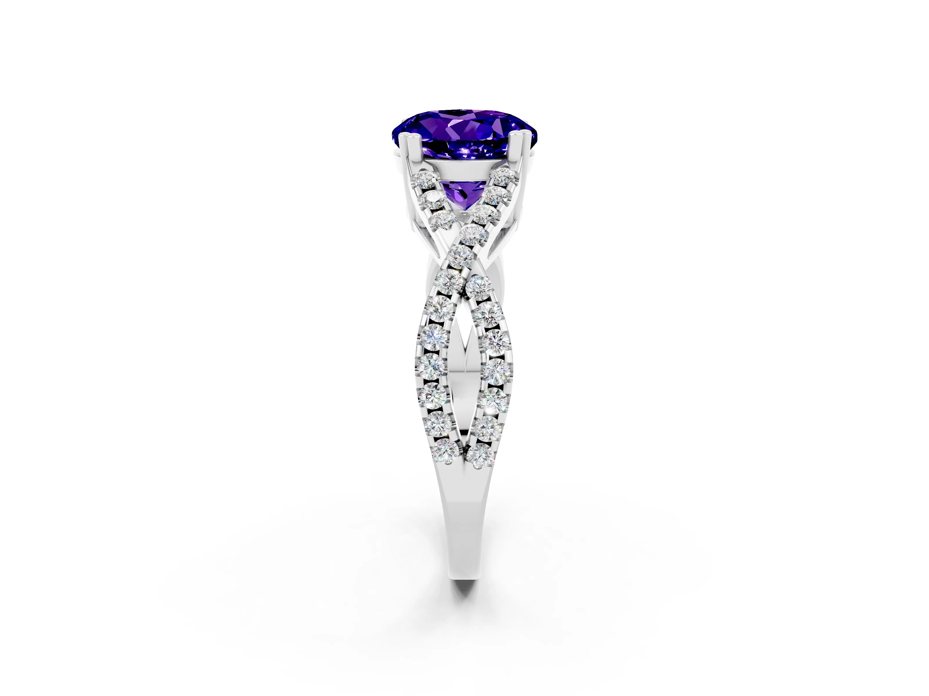 White gold Round Cut Tanzanite Solitaire Ring with Four-Prong Setting and Twisted Pavé Band_2
