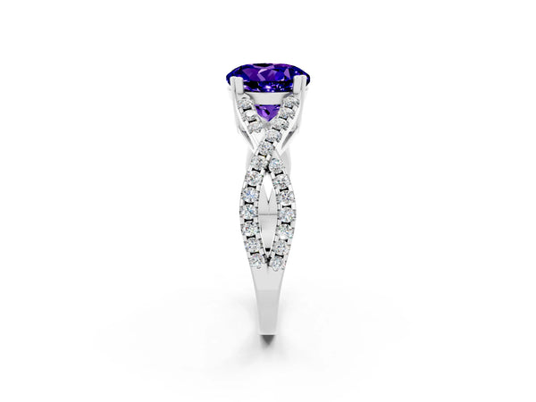 Platinum Round Cut Tanzanite Solitaire Ring with Four-Prong Setting and Twisted Pavé Band