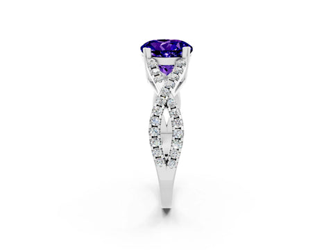 White gold Round Cut Tanzanite Solitaire Ring with Four-Prong Setting and Twisted Pavé Band_2