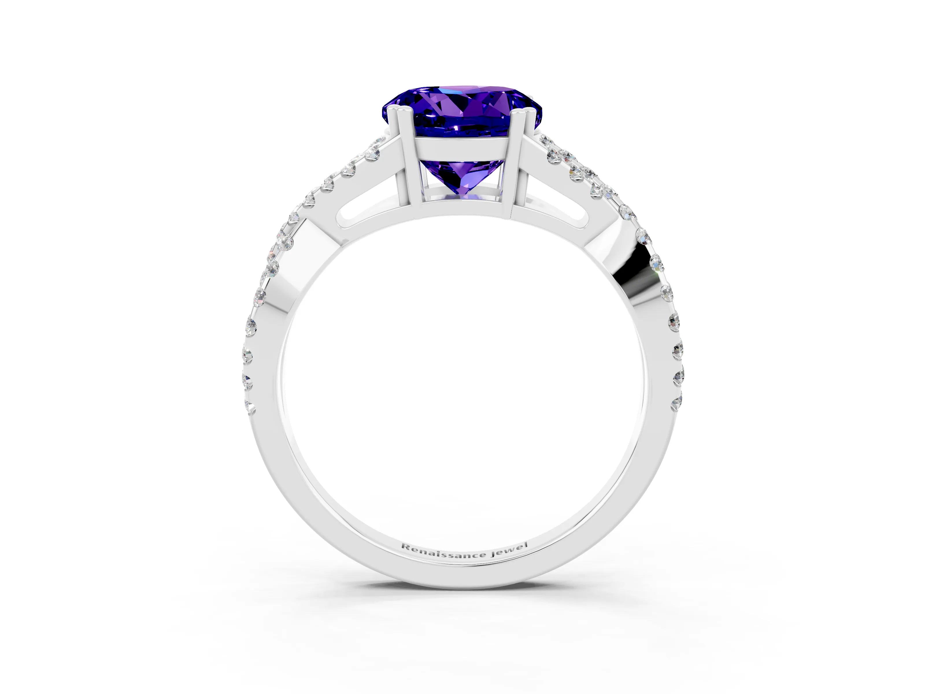 White gold Round Cut Tanzanite Solitaire Ring with Four-Prong Setting and Twisted Pavé Band_3
