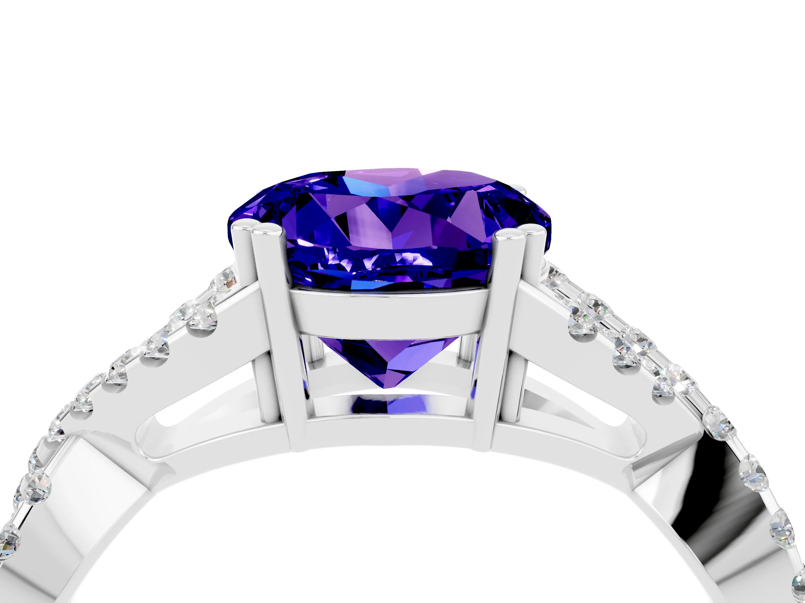 White gold Round Cut Tanzanite Solitaire Ring with Four-Prong Setting and Twisted Pavé Band_4