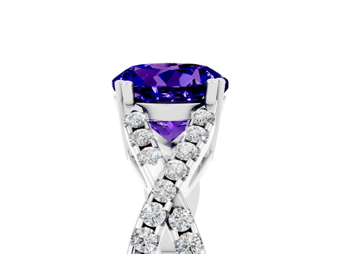 White gold Round Cut Tanzanite Solitaire Ring with Four-Prong Setting and Twisted Pavé Band_5