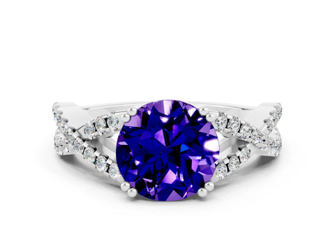 White gold Round Cut Tanzanite Solitaire Ring with Four-Prong Setting and Twisted Pavé Band