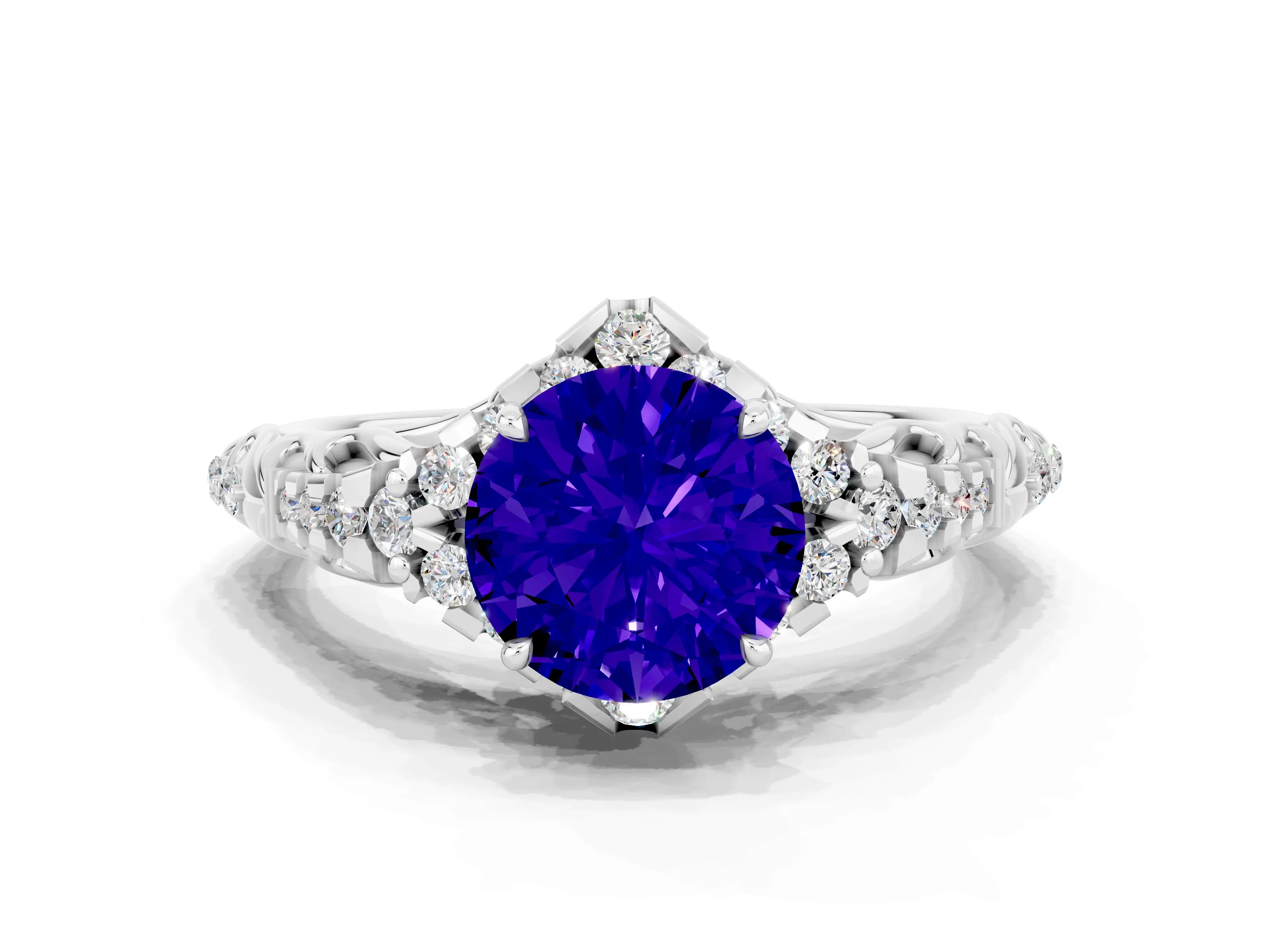 White gold Round Cut Tanzanite Solitaire Ring with Hidden Halo and Pavé Band_12