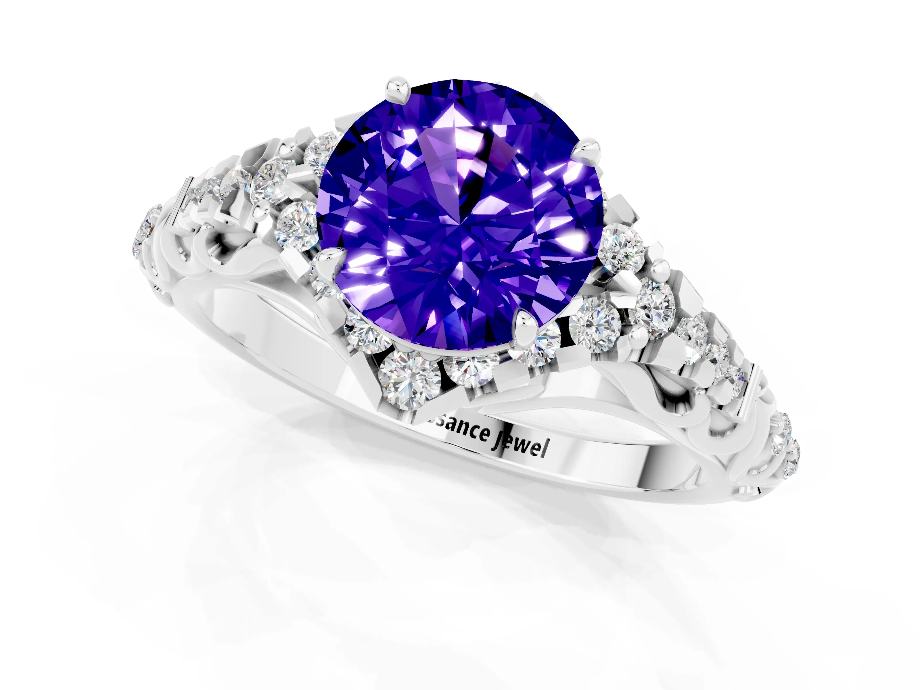 White gold Round Cut Tanzanite Solitaire Ring with Hidden Halo and Pavé Band_13