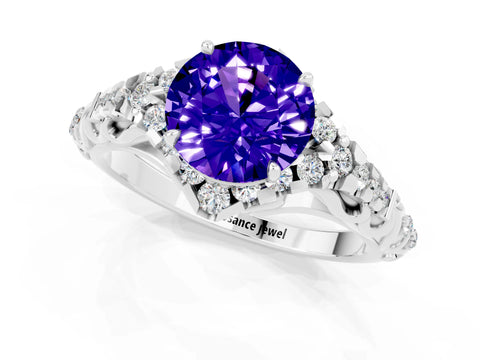 White gold Round Cut Tanzanite Solitaire Ring with Hidden Halo and Pavé Band_13