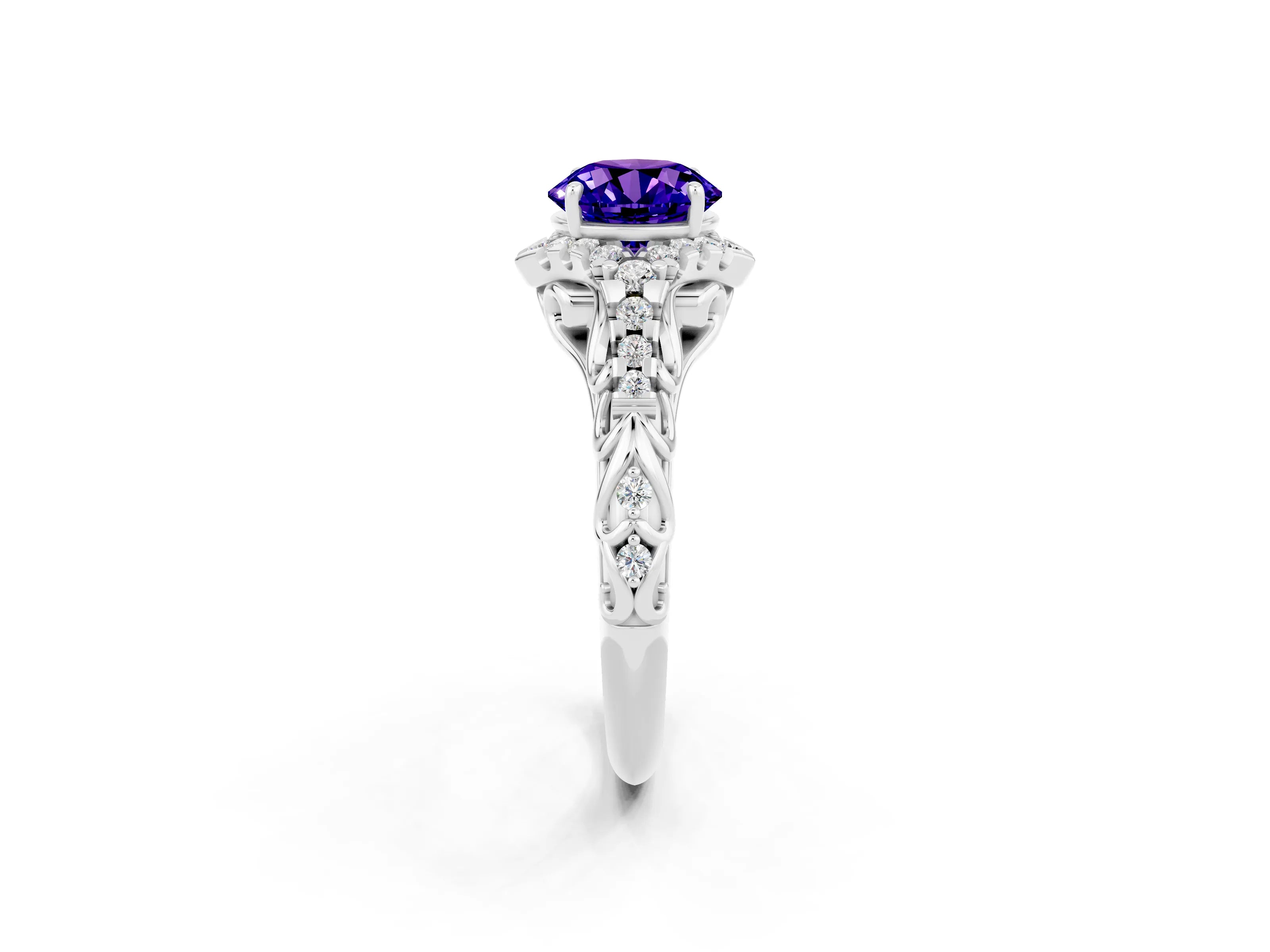 White gold Round Cut Tanzanite Solitaire Ring with Hidden Halo and Pavé Band_14