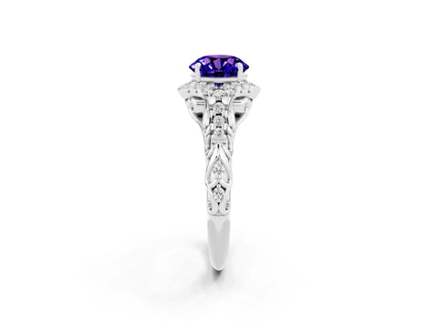White gold Round Cut Tanzanite Solitaire Ring with Hidden Halo and Pavé Band_14