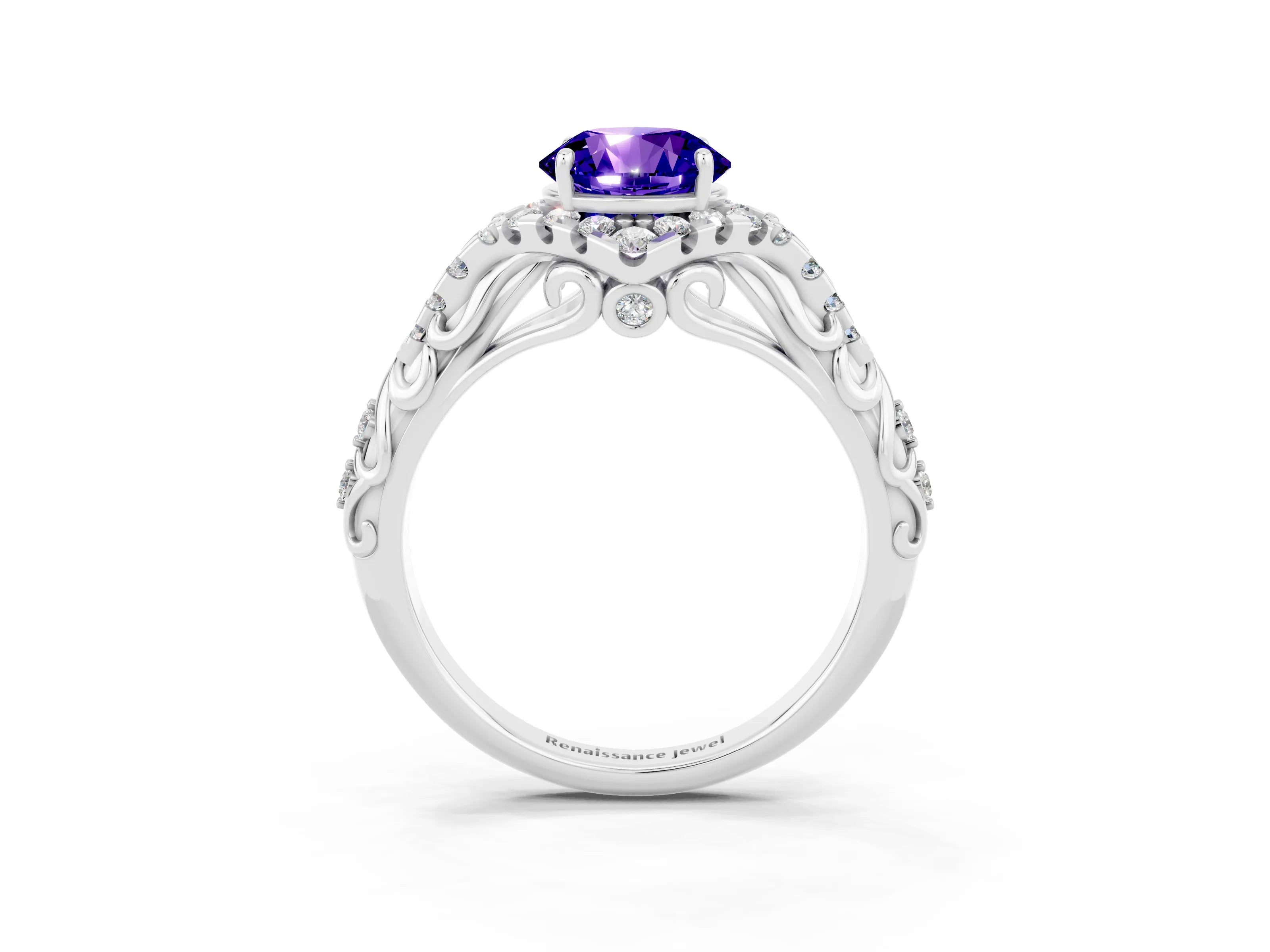 White gold Round Cut Tanzanite Solitaire Ring with Hidden Halo and Pavé Band_15