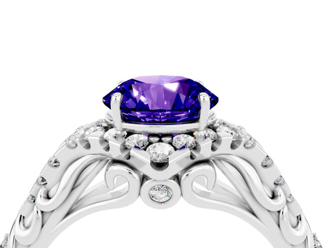 White gold Round Cut Tanzanite Solitaire Ring with Hidden Halo and Pavé Band_16