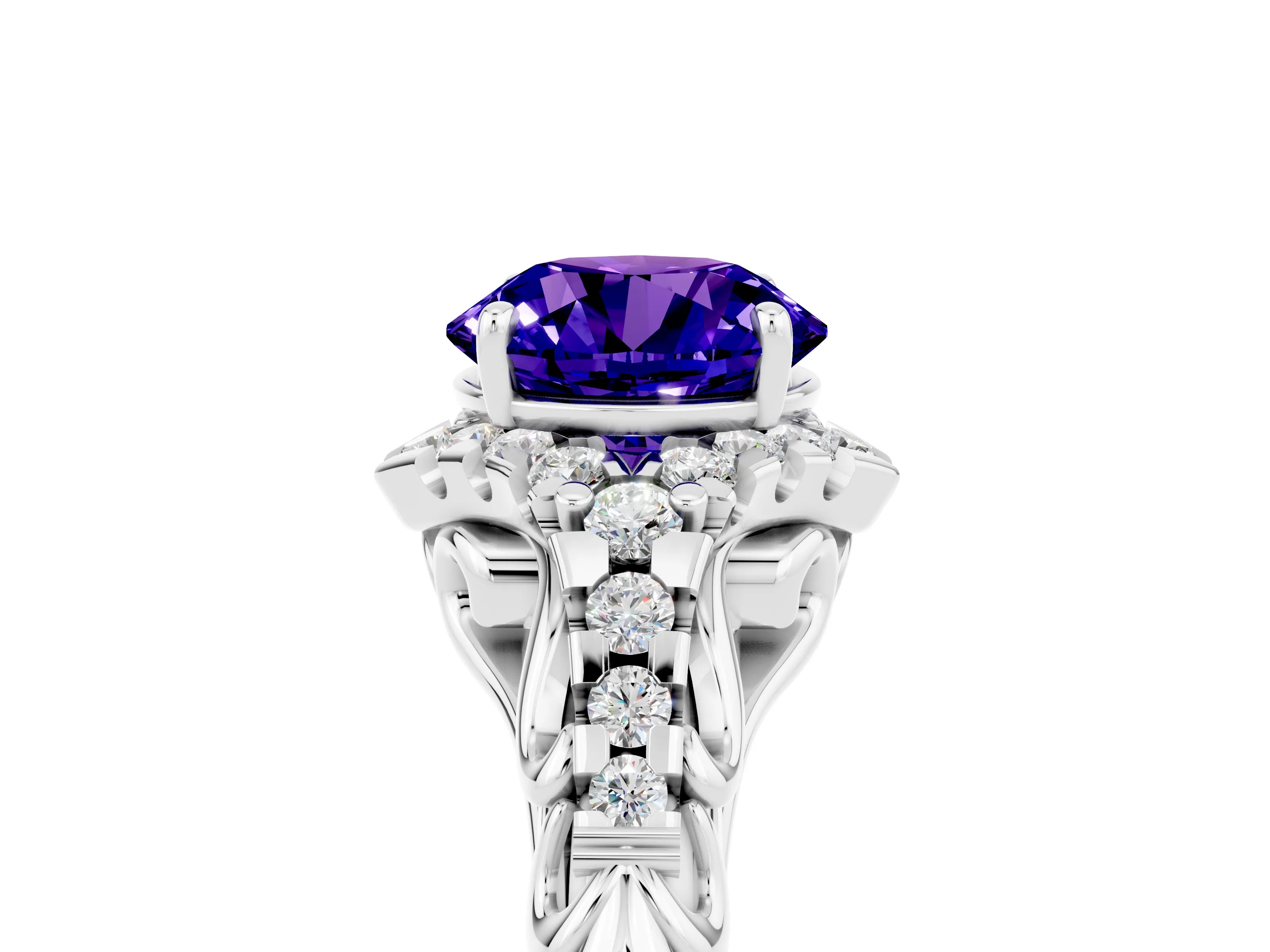 White gold Round Cut Tanzanite Solitaire Ring with Hidden Halo and Pavé Band_17
