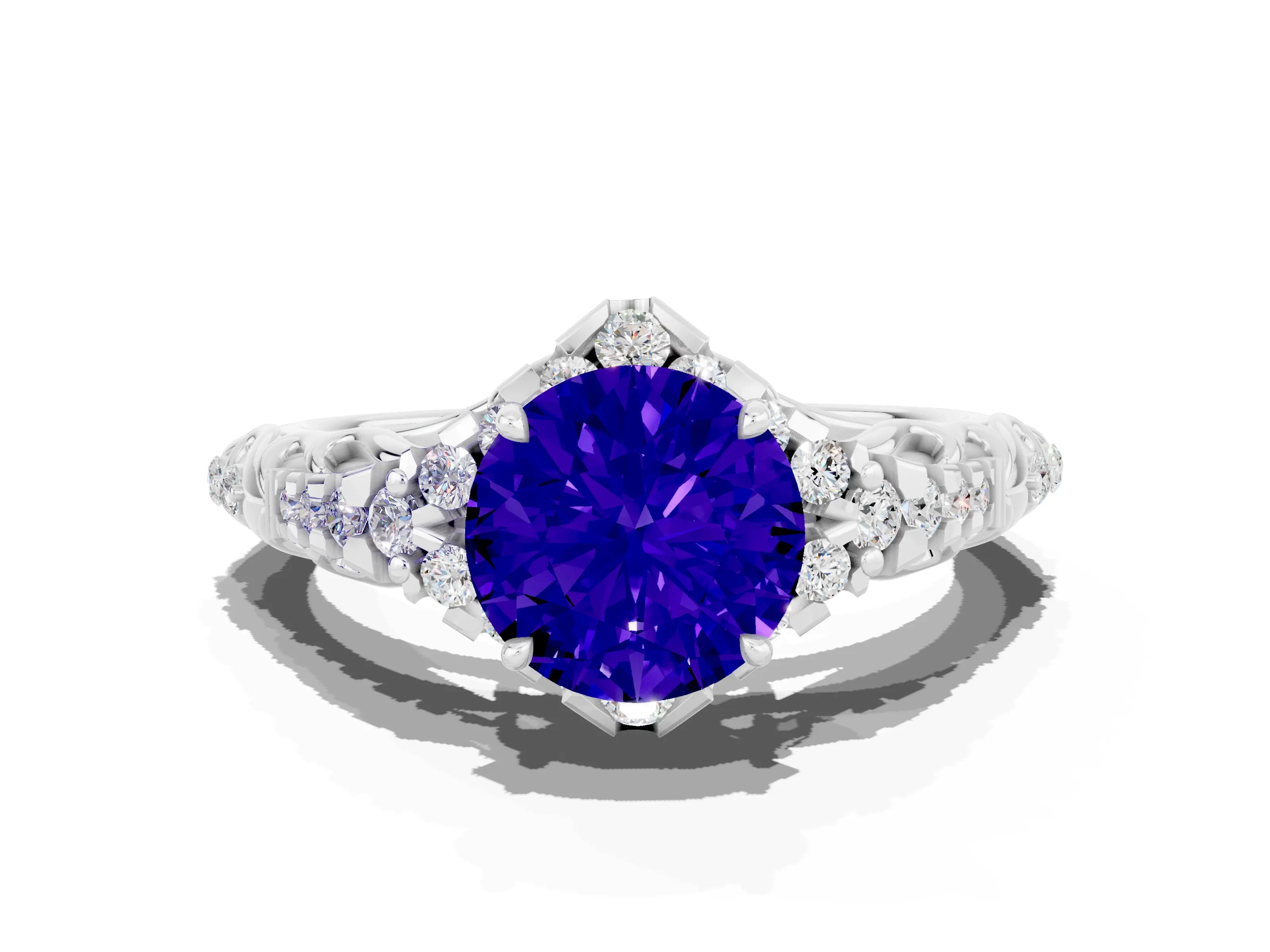 White gold Round Cut Tanzanite Solitaire Ring with Hidden Halo and Pavé Band_19