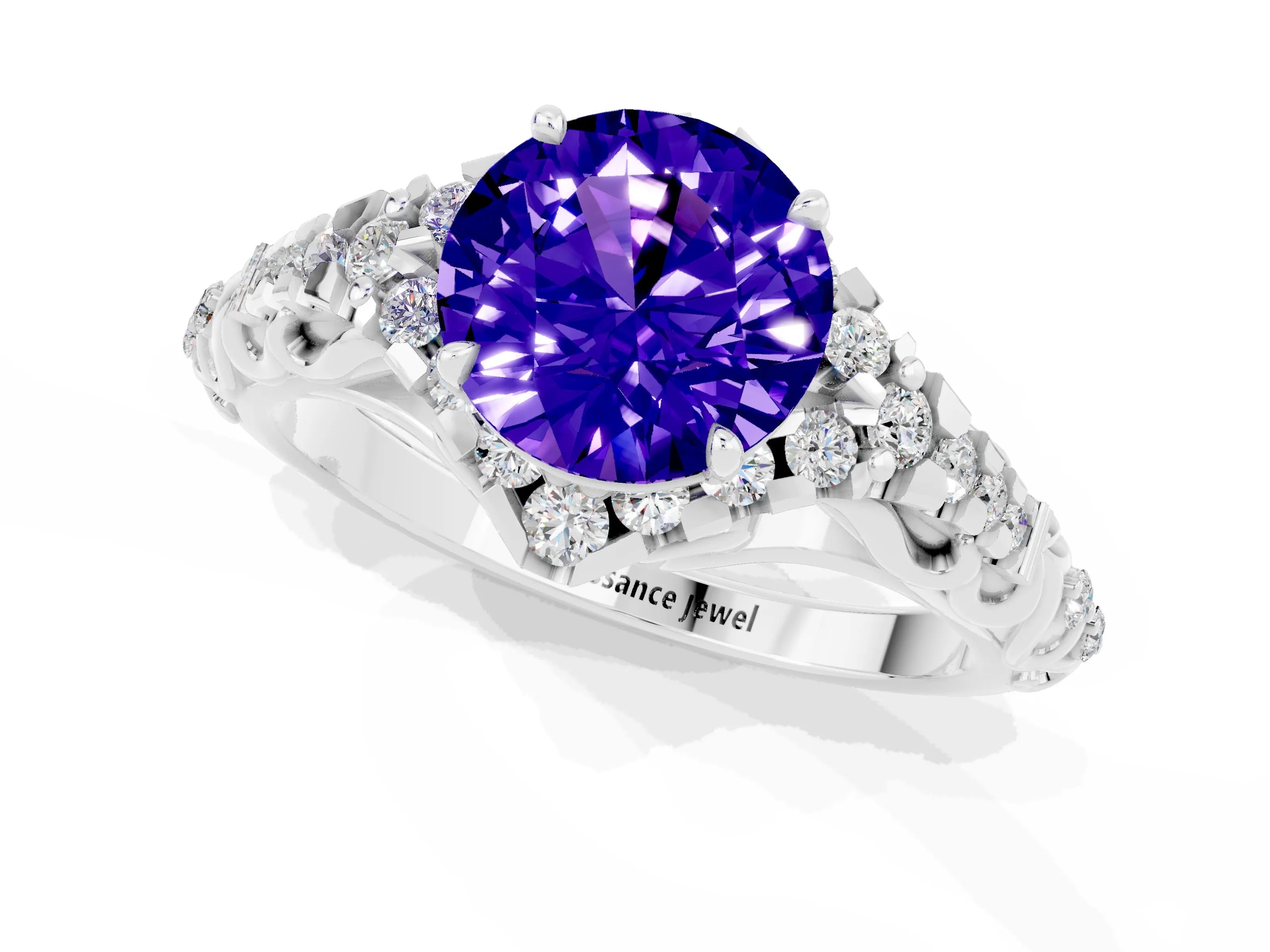 White gold Round Cut Tanzanite Solitaire Ring with Hidden Halo and Pavé Band_20