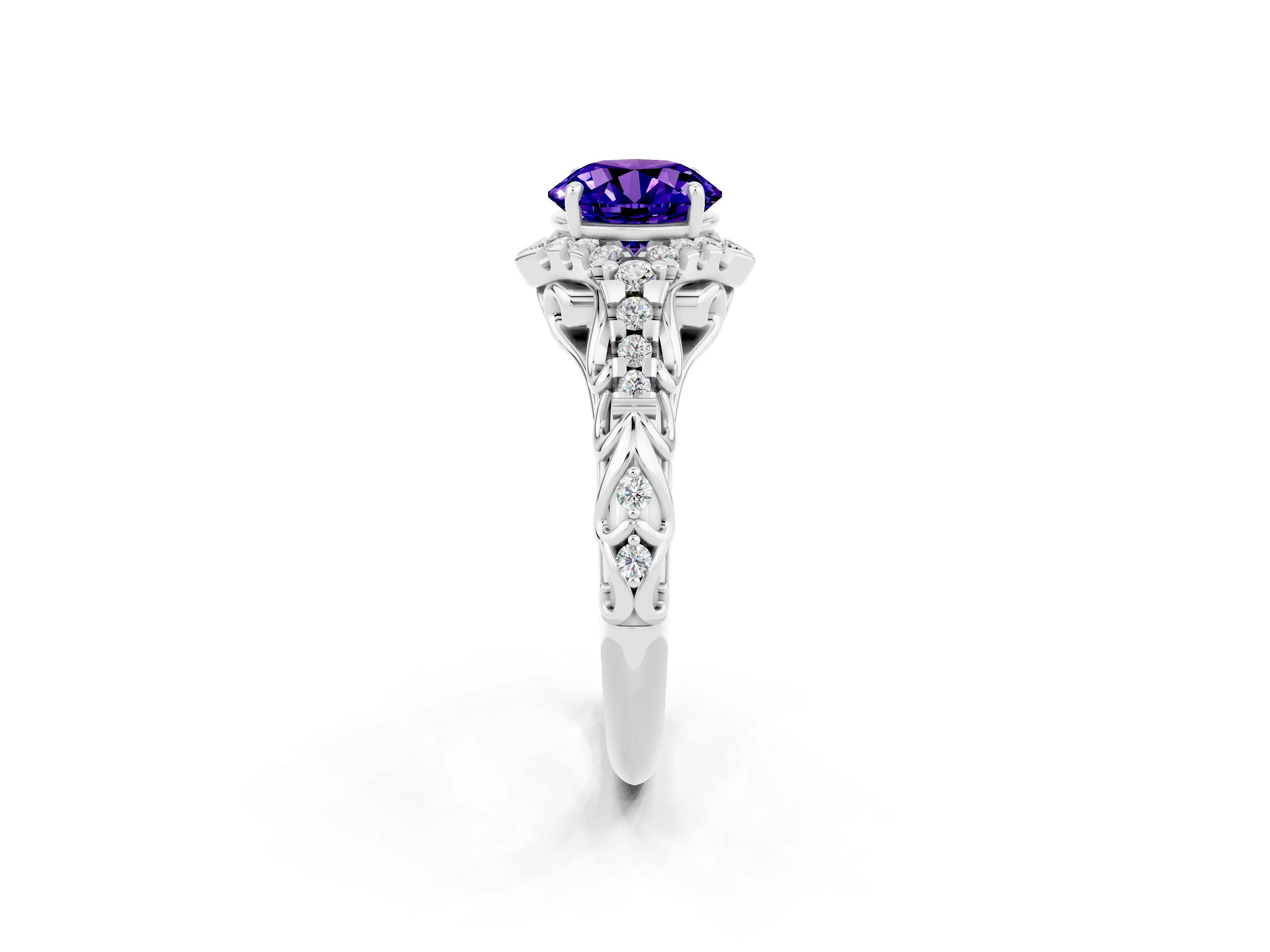 White gold Round Cut Tanzanite Solitaire Ring with Hidden Halo and Pavé Band_20