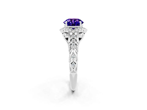 White gold Round Cut Tanzanite Solitaire Ring with Hidden Halo and Pavé Band_20