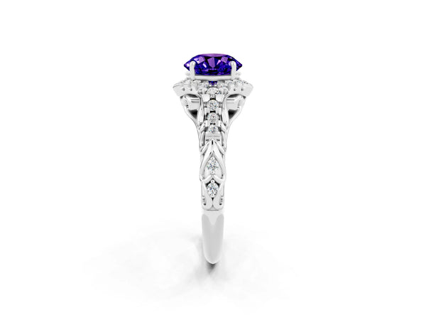 Platinum Round Cut Tanzanite Solitaire Ring with Hidden Halo and Pavé Band