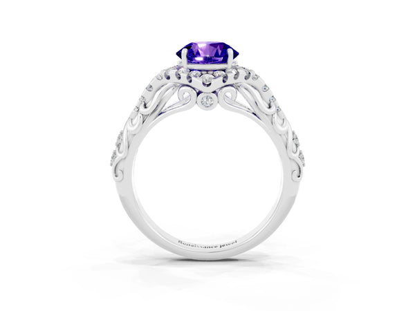 White gold Round Cut Tanzanite Solitaire Ring with Hidden Halo and Pavé Band