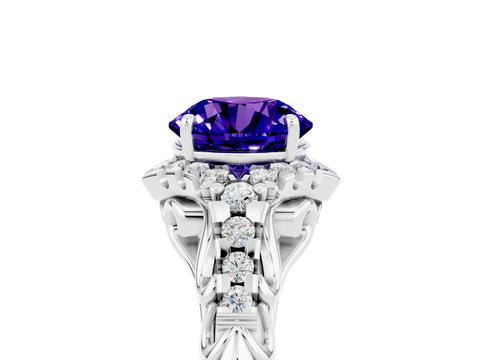 White gold Round Cut Tanzanite Solitaire Ring with Hidden Halo and Pavé Band_23