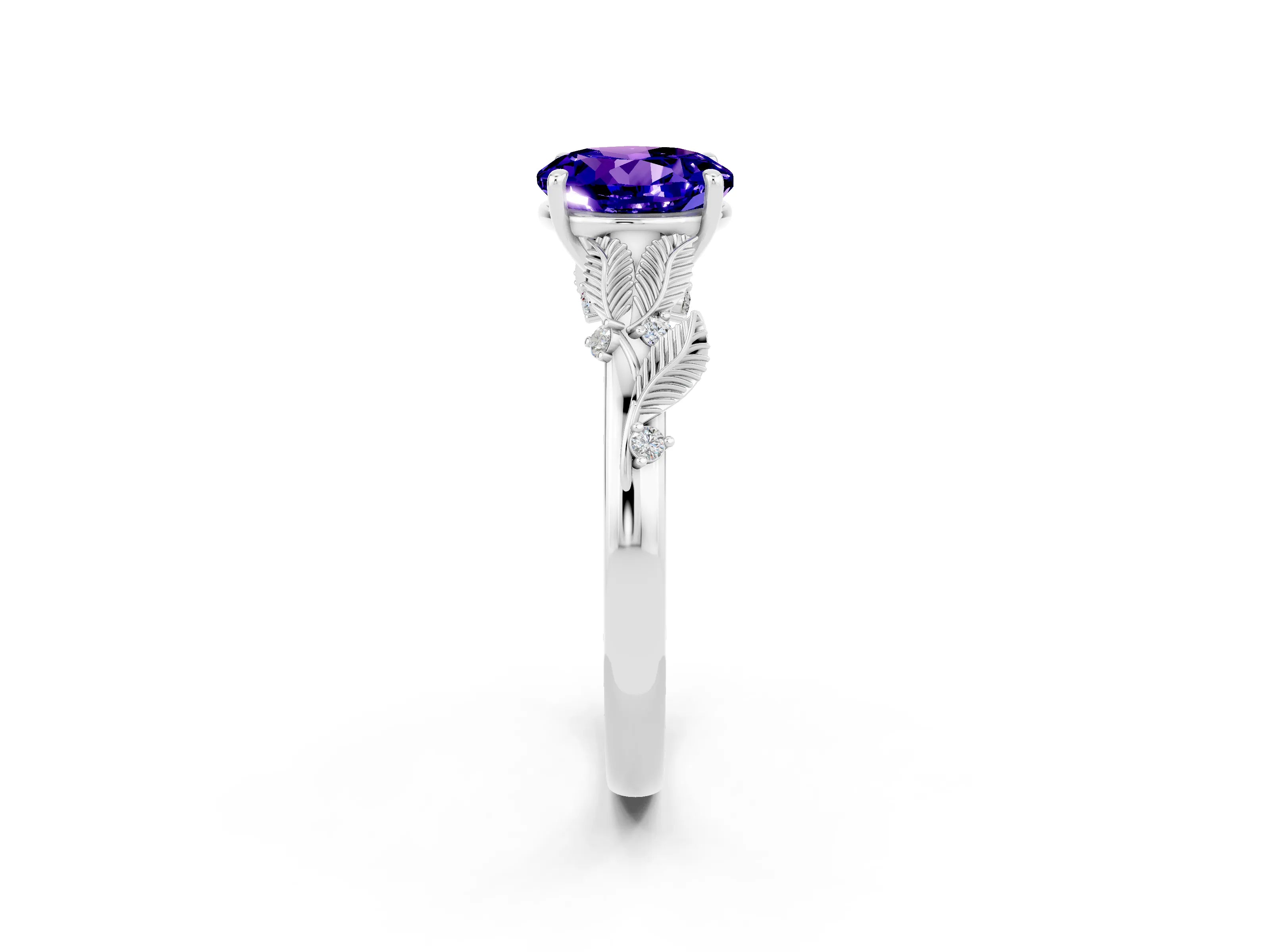 White gold Round Cut Tanzanite Solitaire Ring with Leaf Motif Band and Four-Prong Setting_14