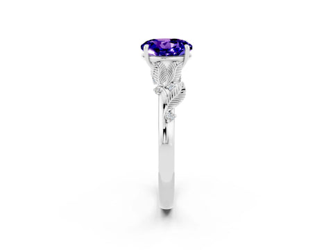 White gold Round Cut Tanzanite Solitaire Ring with Leaf Motif Band and Four-Prong Setting_14