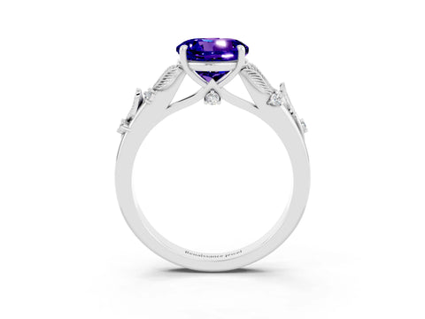 White gold Round Cut Tanzanite Solitaire Ring with Leaf Motif Band and Four-Prong Setting_15