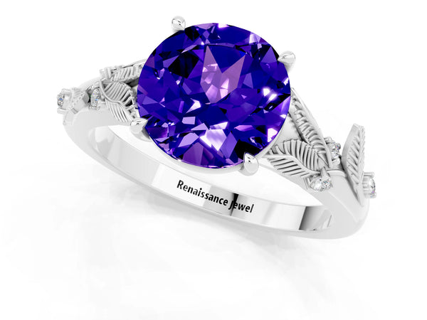 White gold Round Cut Tanzanite Solitaire Ring with Leaf Motif Band and Four-Prong Setting