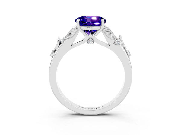 White gold Round Cut Tanzanite Solitaire Ring with Leaf Motif Band and Four-Prong Setting