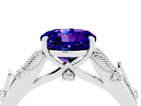 White gold Round Cut Tanzanite Solitaire Ring with Leaf Motif Band and Four-Prong Setting_23