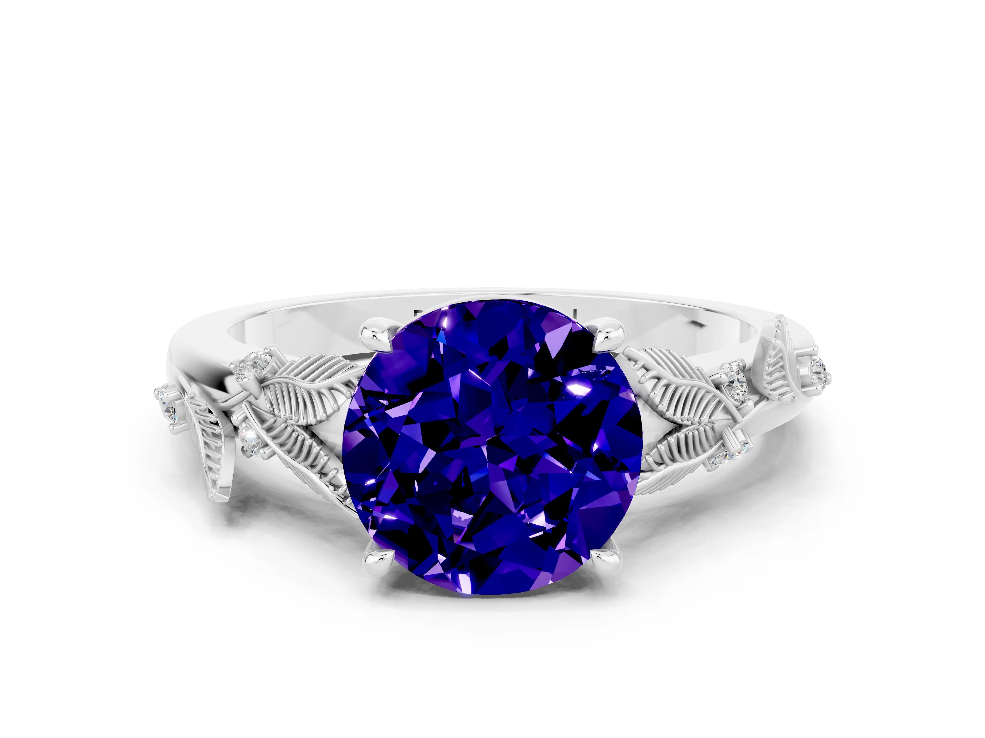 White gold Round Cut Tanzanite Solitaire Ring with Leaf Motif Band and Four-Prong Setting_24