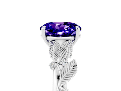 White gold Round Cut Tanzanite Solitaire Ring with Leaf Motif Band and Four-Prong Setting_29