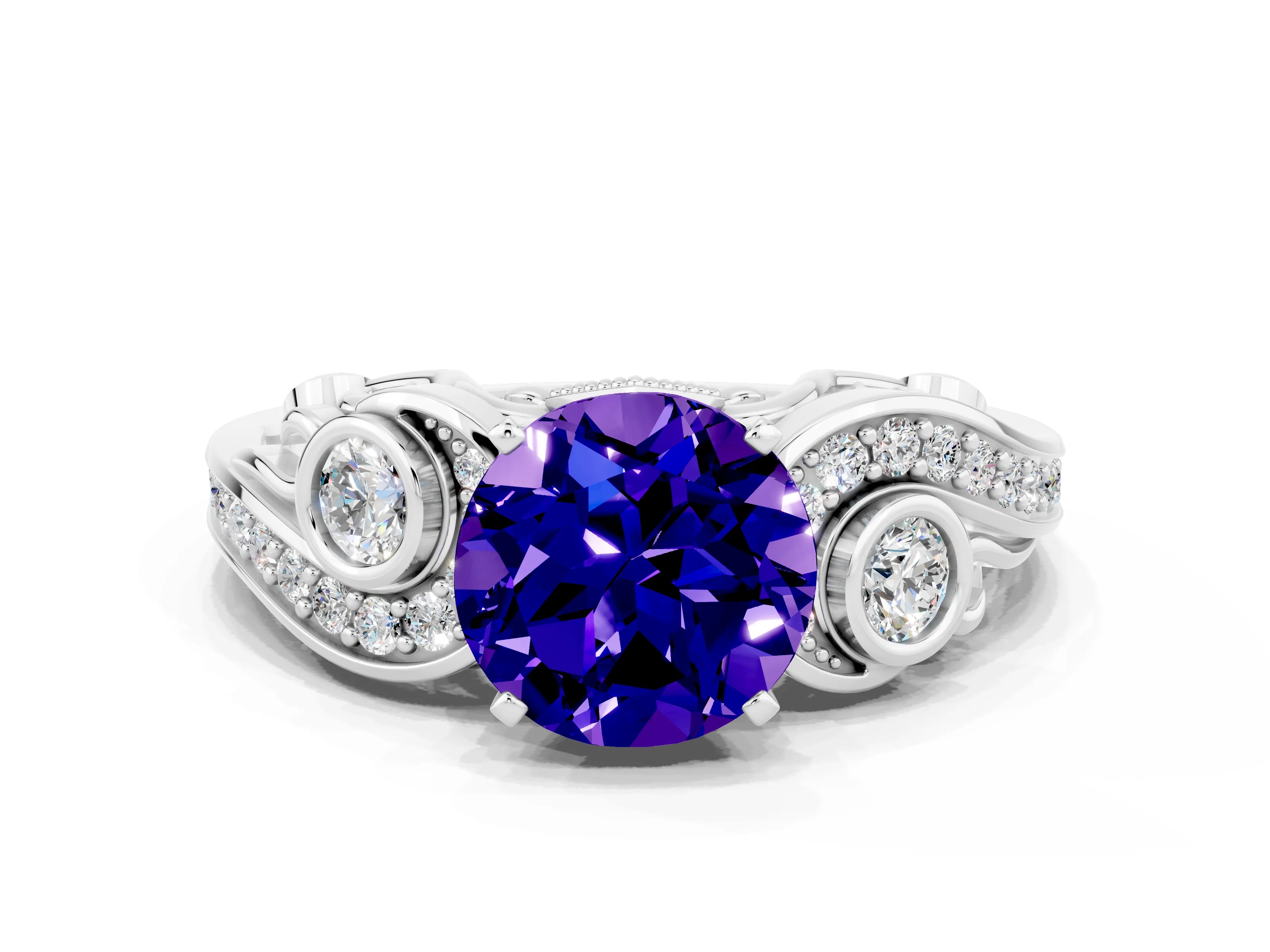 White gold Round Cut Tanzanite Solitaire Ring with Milgrain Pavé Band and Four-Prong Setting_12