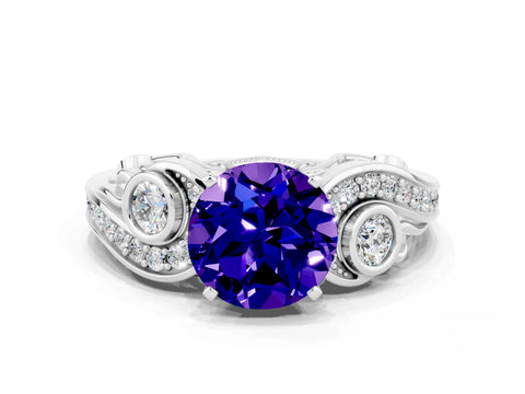 White gold Round Cut Tanzanite Solitaire Ring with Milgrain Pavé Band and Four-Prong Setting_12