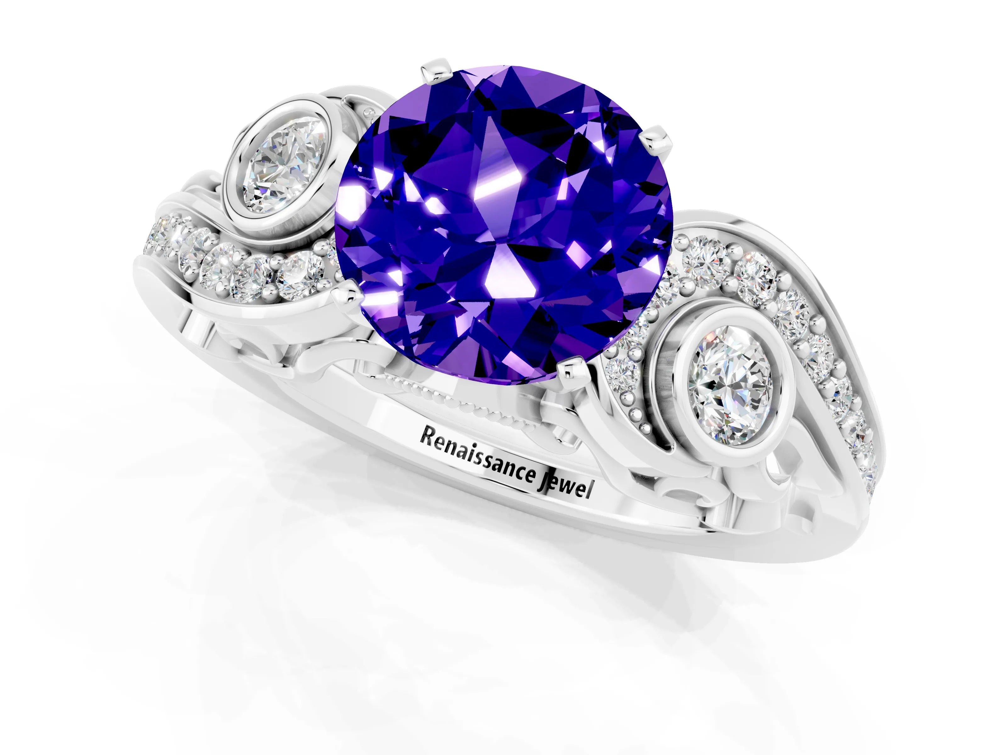 White gold Round Cut Tanzanite Solitaire Ring with Milgrain Pavé Band and Four-Prong Setting_13