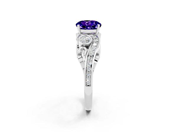 Silver Round Cut Tanzanite Solitaire Ring with Milgrain Pavé Band and Four-Prong Setting
