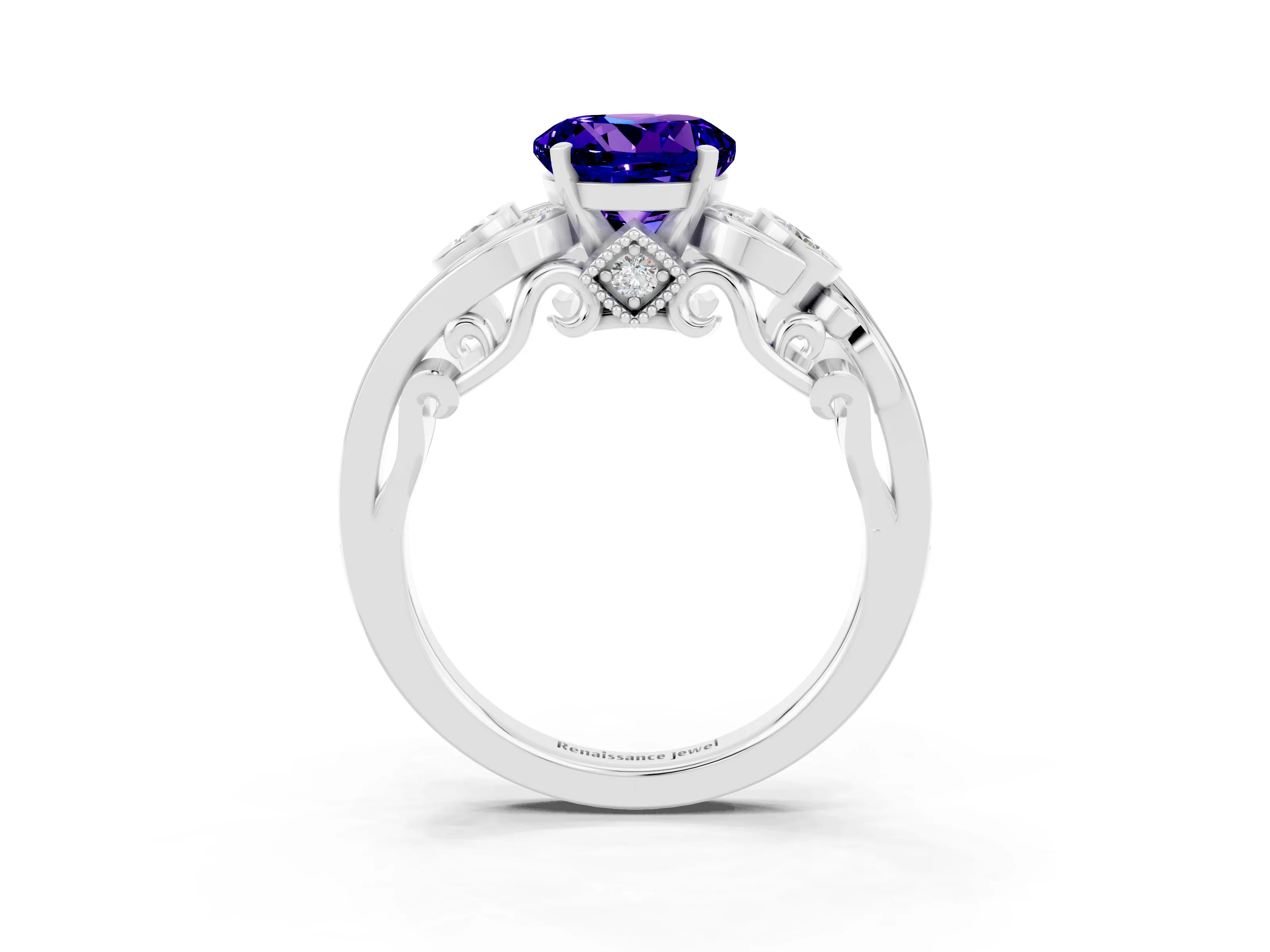 White gold Round Cut Tanzanite Solitaire Ring with Milgrain Pavé Band and Four-Prong Setting_15