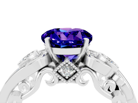 White gold Round Cut Tanzanite Solitaire Ring with Milgrain Pavé Band and Four-Prong Setting_16