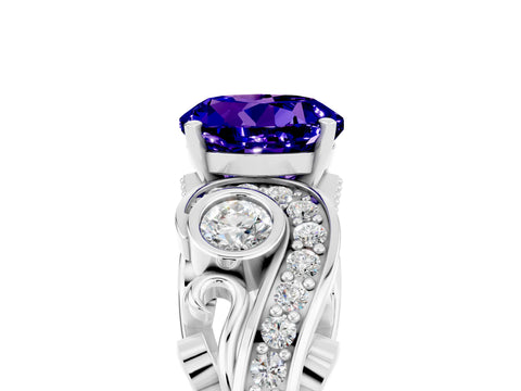 White gold Round Cut Tanzanite Solitaire Ring with Milgrain Pavé Band and Four-Prong Setting_17