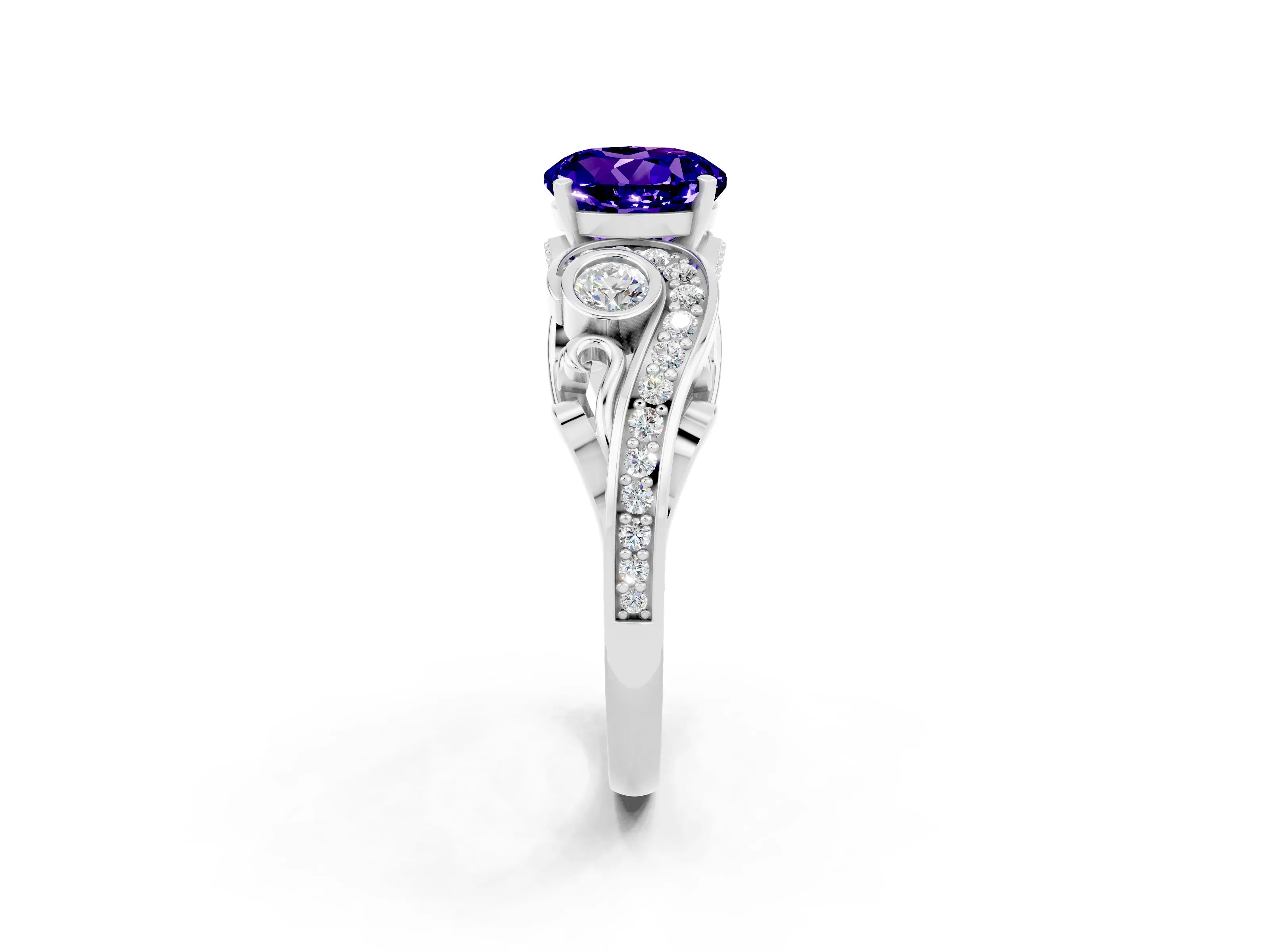 White gold Round Cut Tanzanite Solitaire Ring with Milgrain Pavé Band and Four-Prong Setting_50