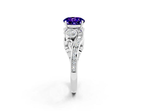 White gold Round Cut Tanzanite Solitaire Ring with Milgrain Pavé Band and Four-Prong Setting_50