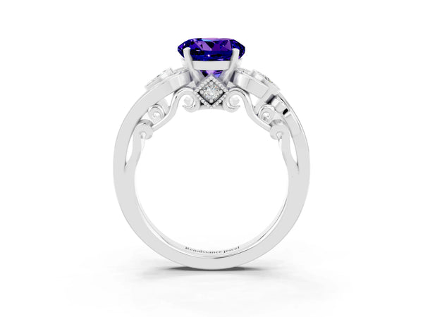 White gold Round Cut Tanzanite Solitaire Ring with Milgrain Pavé Band and Four-Prong Setting